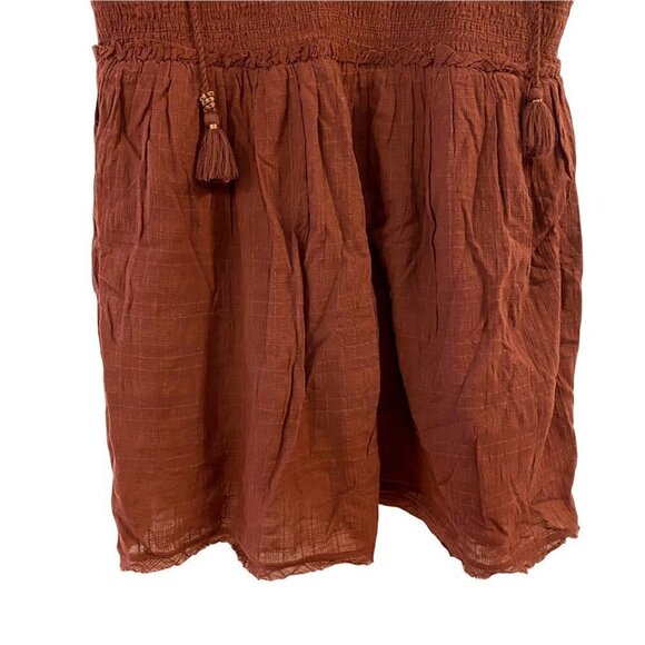 Free People Womens Sundress Brown Short Smocked V Neck Tassels Cotton Large - Picture 3 of 8